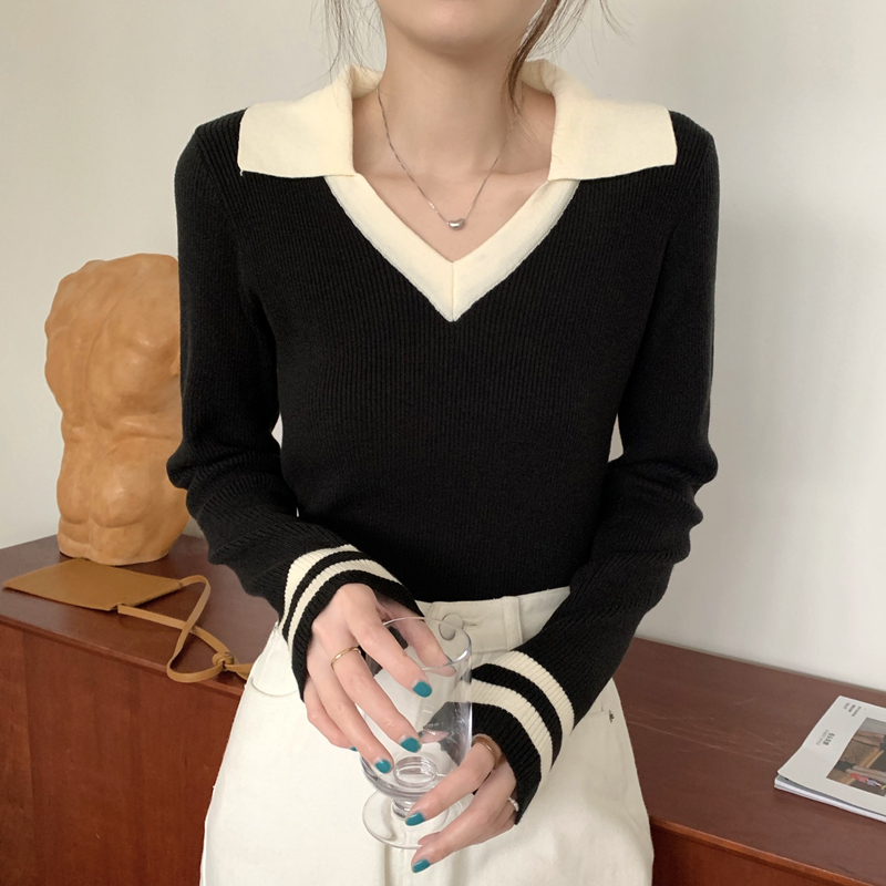 2023秋季新款黑色長袖polo領針織衫女顯瘦v領打底衫內搭短款上衣
