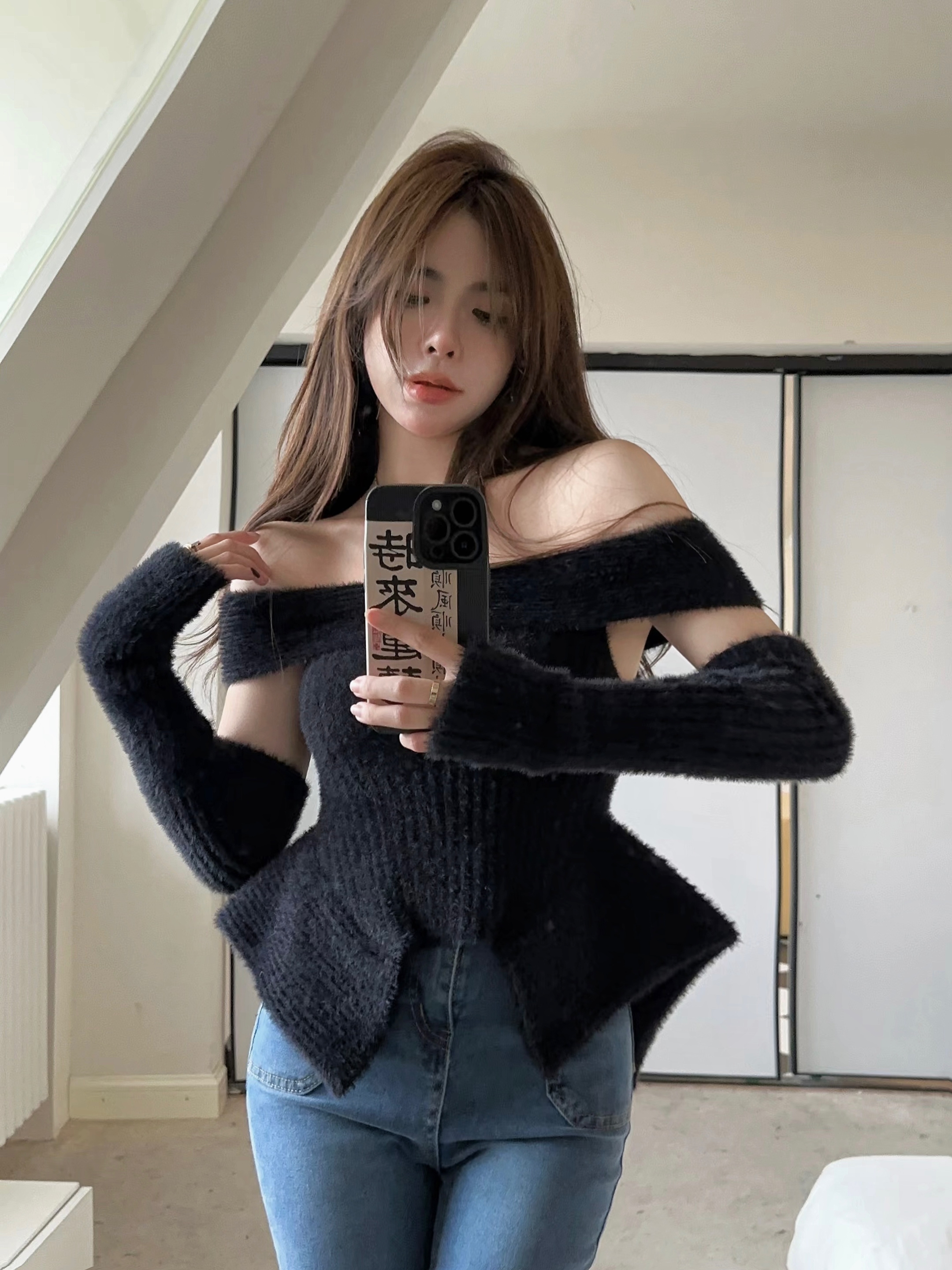 Pure lust pink soft waxy plush sweater women's autumn long-sleeved bottoming shirt one-shoulder irregular slim top