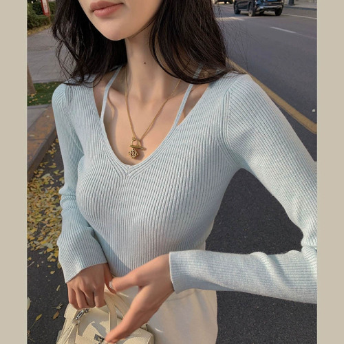 Korean style pure fishing style niche hollow suspender knitted sweater for women in autumn V-neck slim bottoming shirt with western style