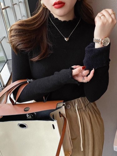 White sweater women's autumn and winter  new inner fungus bottoming shirt plus velvet thickened warm half turtleneck top