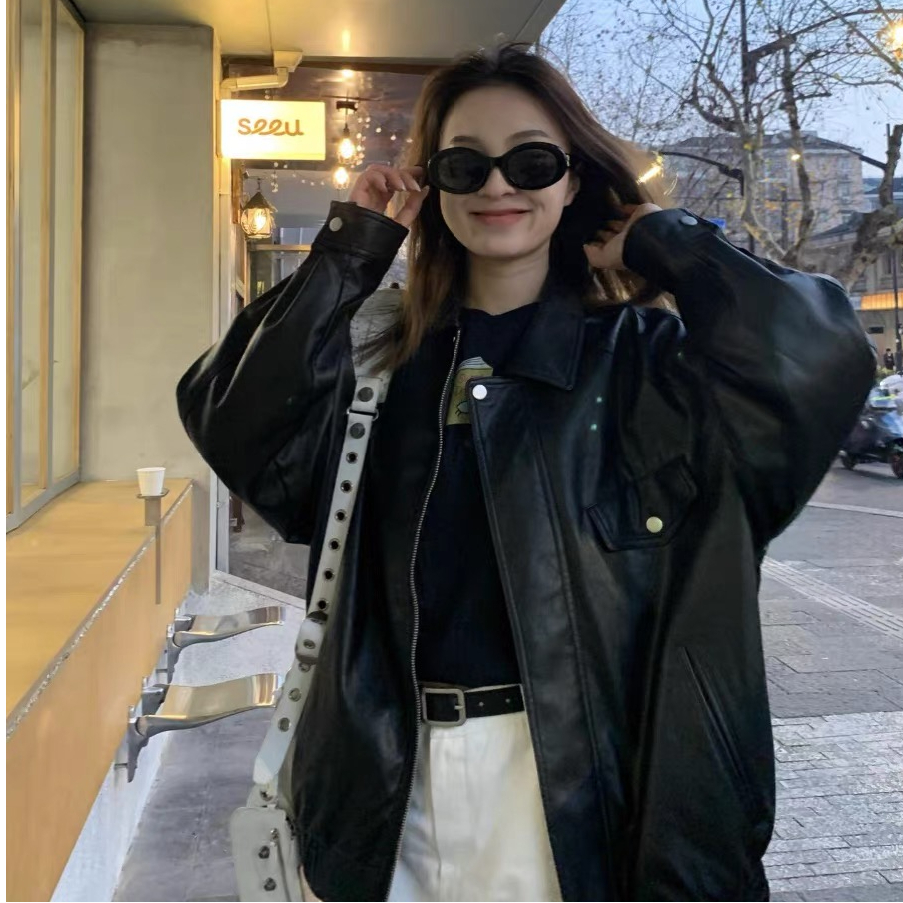 2023 New Autumn Zipper Lapel PU Imitation Leather Jacket Women's Short Loose Slim American Retro Motorcycle Jacket