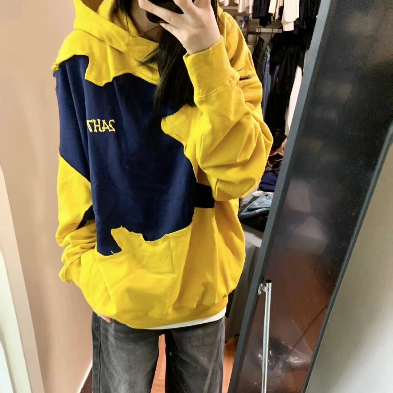 食毛華棉複合 牛奶絲 黃色連帽衛衣秋撞色拼接hiphop