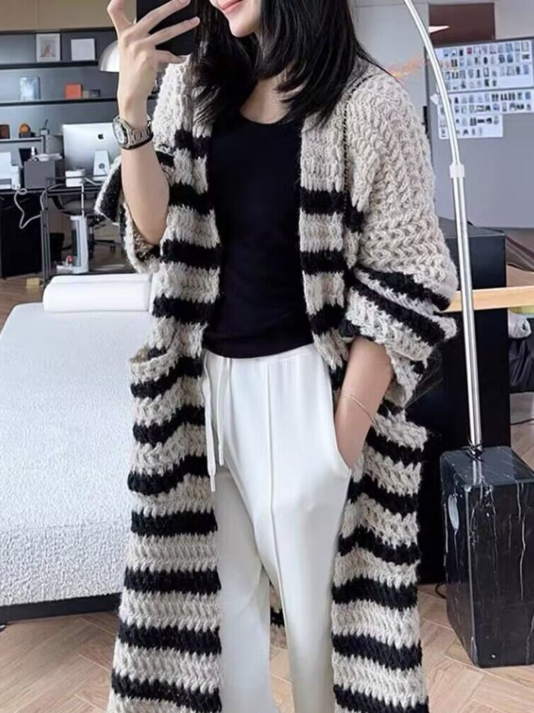寬鬆慵懶風毛衣外套女秋季設計感上衣顯瘦條紋撞色針織開衫中長款