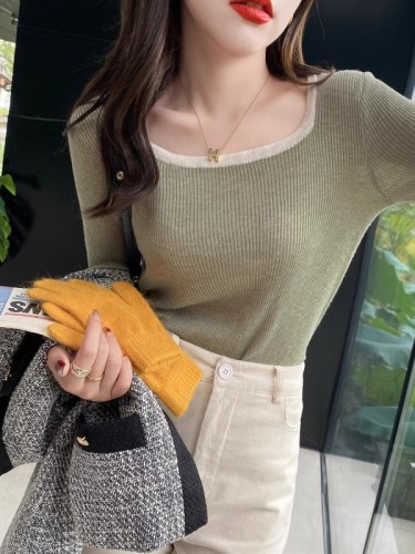 Knitted sweater for women spring and autumn  early autumn top square collar French long-sleeved bottoming shirt with white loose sweater underneath