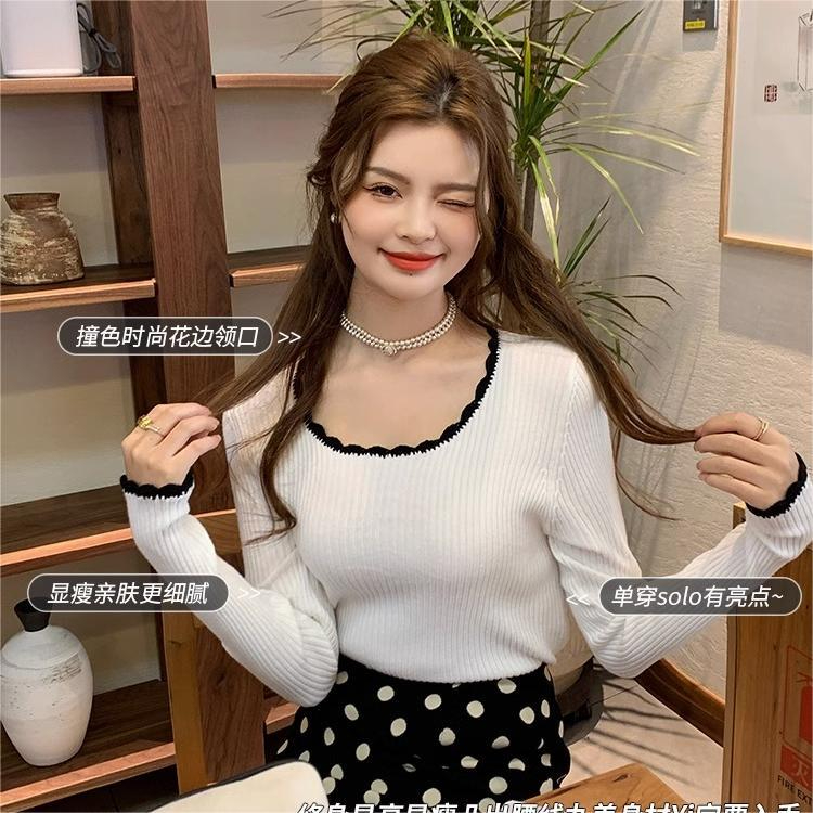 Temperament contrasting color long-sleeved knitted bottoming shirt for women 2023 autumn Korean version retro low-neck slim-fit pullover sweater top