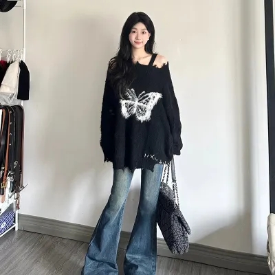蝴蝶結設計感露肩毛衣長袖外套女小眾初戀系甜美加厚針織衫上衣潮