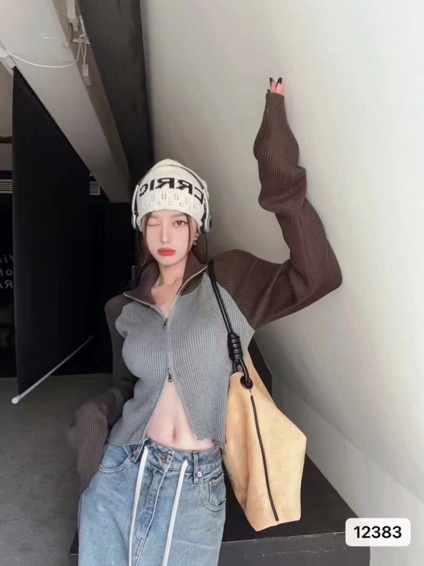 高領撞色雙拉鏈針織開衫女秋冬季美式復古辣妹修身短款長袖上衣潮