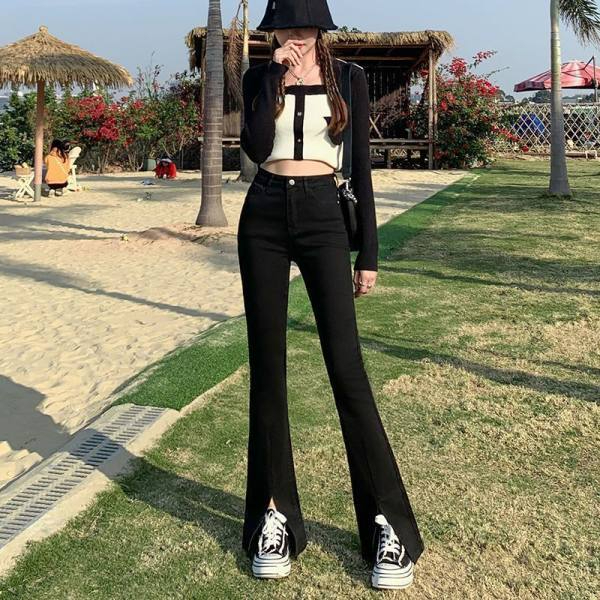 春夏薄款微喇叭開叉打底褲女外穿修身顯瘦緊身闊腿褲子