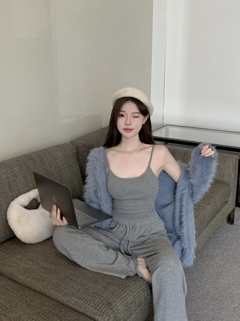實拍~2023秋冬毛毛開衫 百搭吊帶背心＋長褲 三件套女