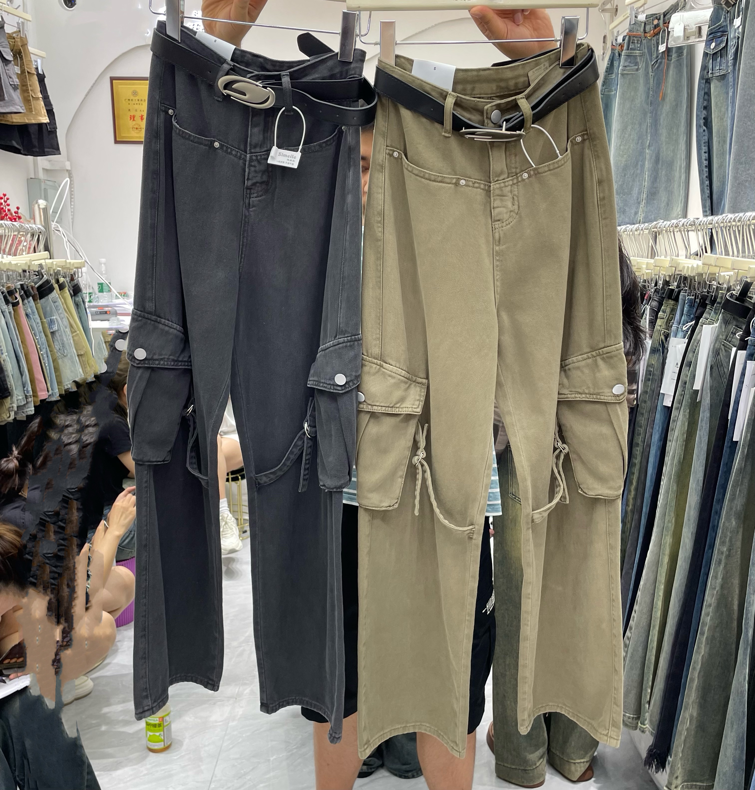 工裝褲女2023秋季新款高腰寬鬆顯瘦大口袋設計高腰直筒闊腿牛仔褲