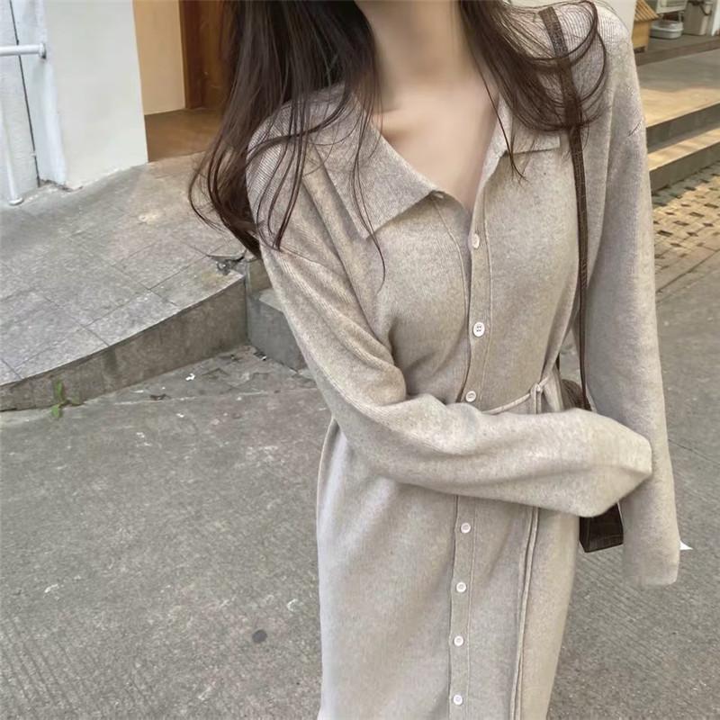 秋冬新款女裝溫柔風內搭過膝長款毛衣裙寬鬆顯瘦打底針織連衣裙子