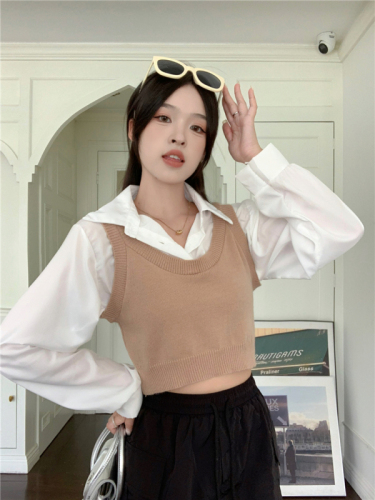 实拍 韩版衬衫马甲拼接设计感假两件显瘦百搭短款衬衫上衣