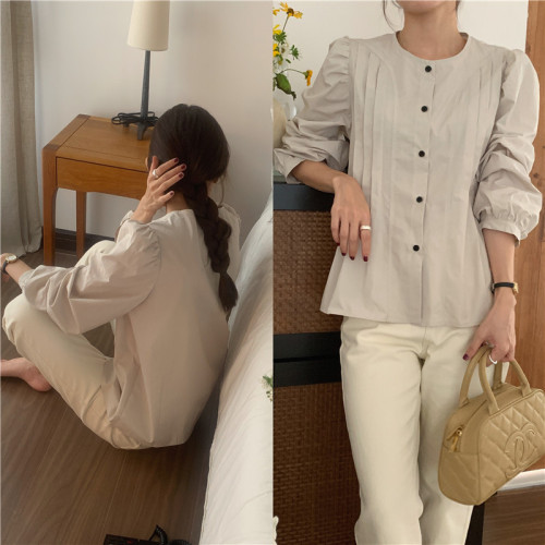 实拍 韩版法式简约圆领纯色长袖衬衫