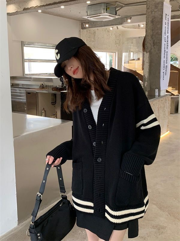 黑白撞色條紋棒球服針織女開衫外套慵懶風秋冬季復古甜美風毛衣女
