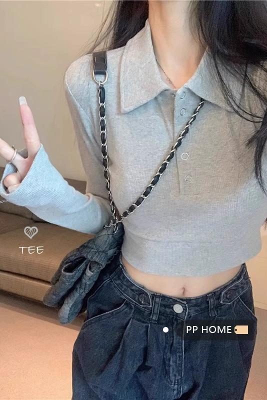 PPHOME soft and sweet girl ~ short waisted POLO collar long-sleeved top for women sweet and spicy bottoming shirt slim fit versatile T-shirt