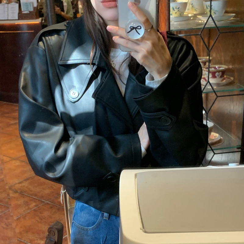 實拍 小眾復古 機車女孩 翻領雙排扣pu皮衣短款皮外套夾克