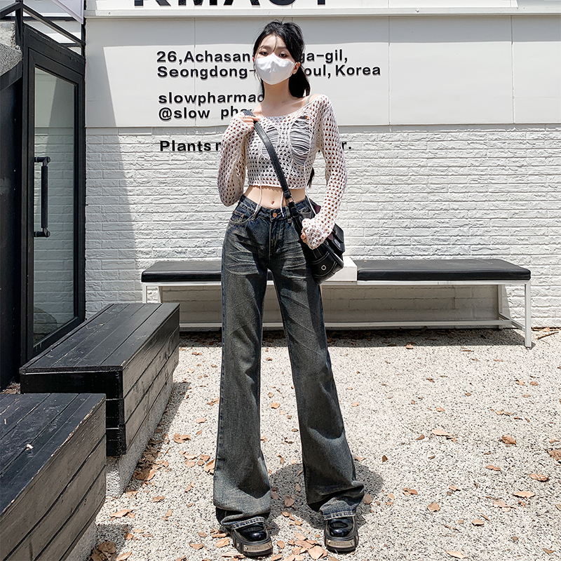 實拍2023秋冬季復古微喇叭牛仔褲女高腰顯瘦