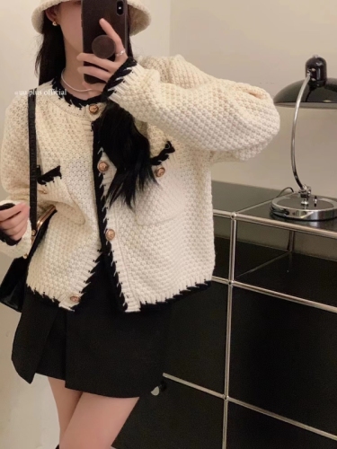 Autumn new style Korean style solid color temperament small fragrance contrasting color block single breasted cashmere sweater cardigan jacket for women