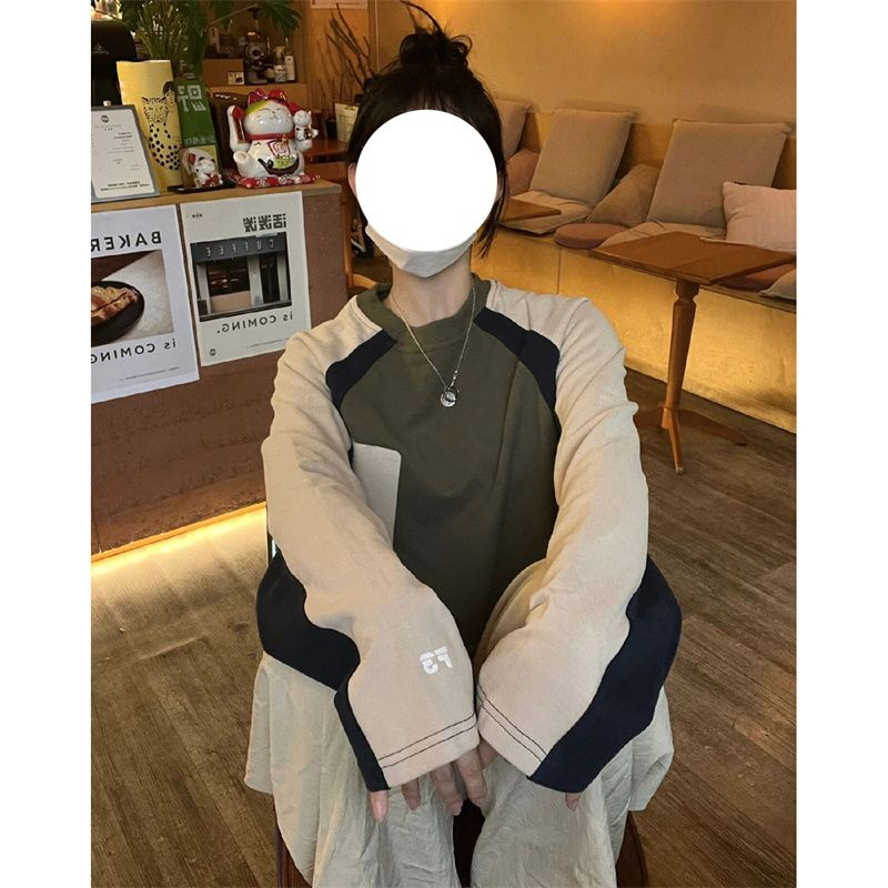撞色圓領春秋長袖t恤打底衫 純棉包肩領圖對色 印花