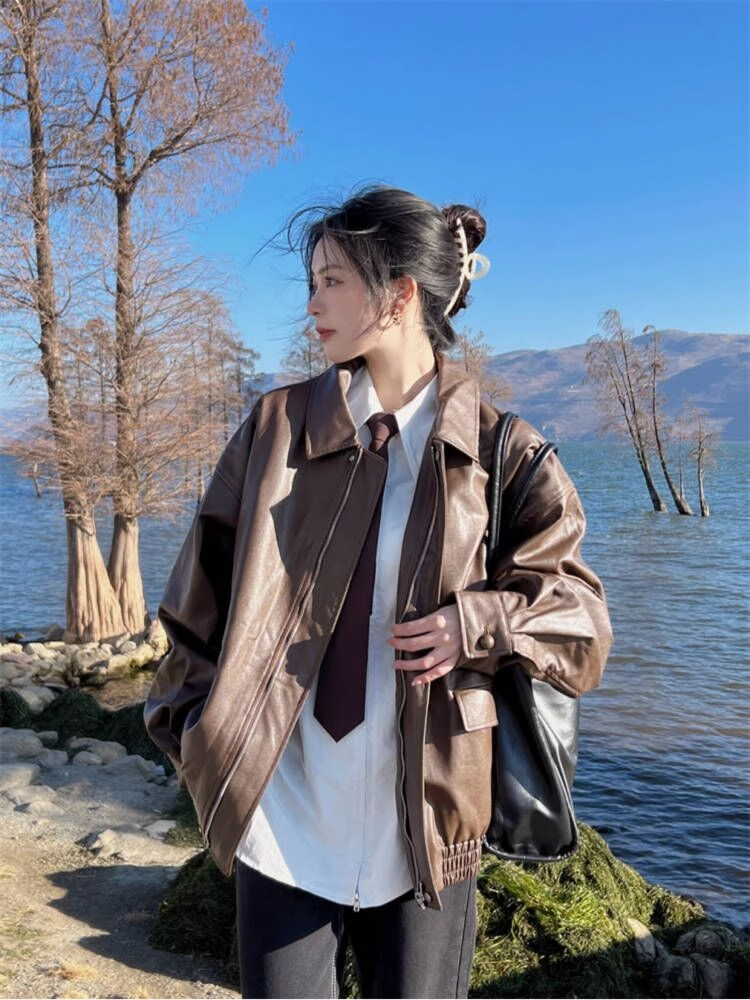 皮衣女外套2023新款春秋美式復古棕色設計感皮夾克機車美拉德穿搭