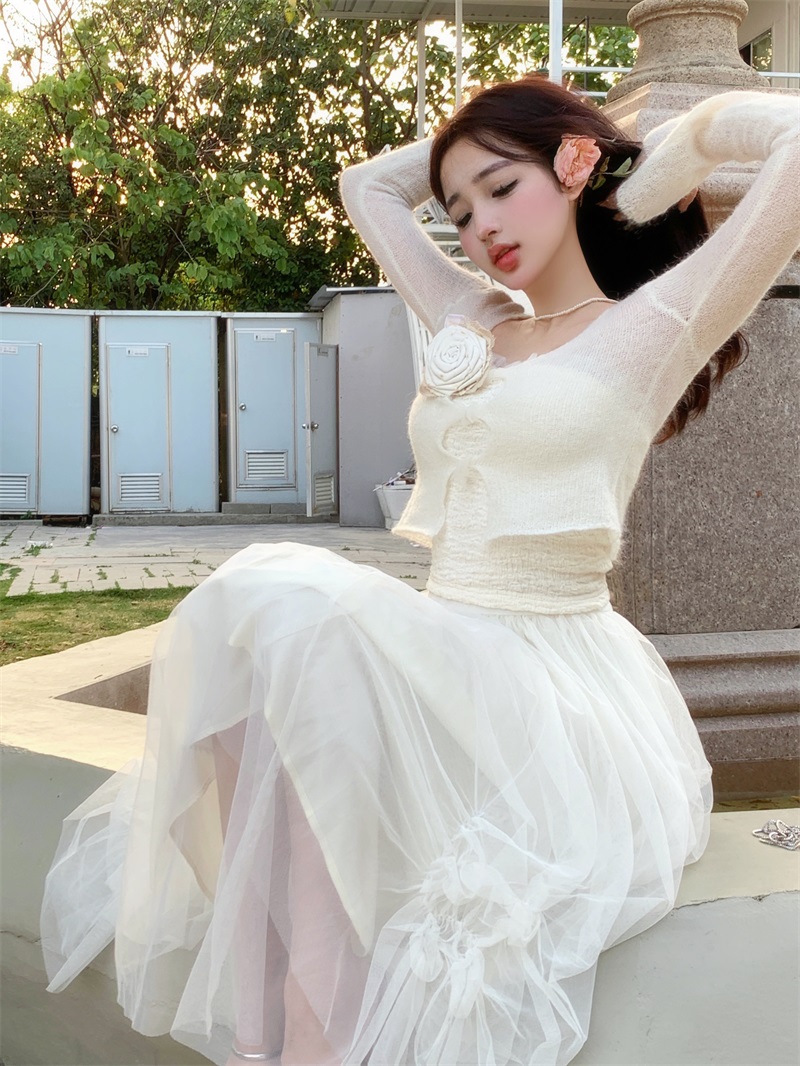 Real shot of knitted cardigan jacket, a-line skirt suit, casual fashion for women