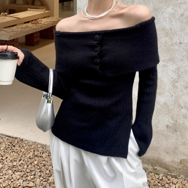 American Pure Desire Sweater Women's Autumn Long Sleeve Off-Shoulder Large Lapel Button Design Slim Cropped Top