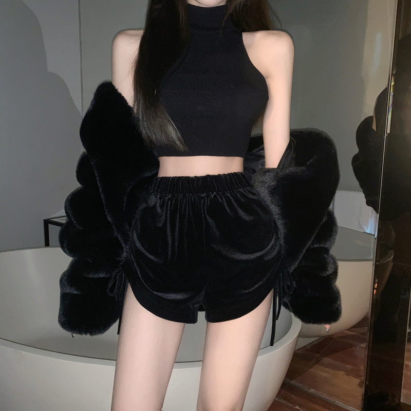 實拍新款2023休閒褲百搭高腰顯瘦顯比例絲絨抽繩短褲女