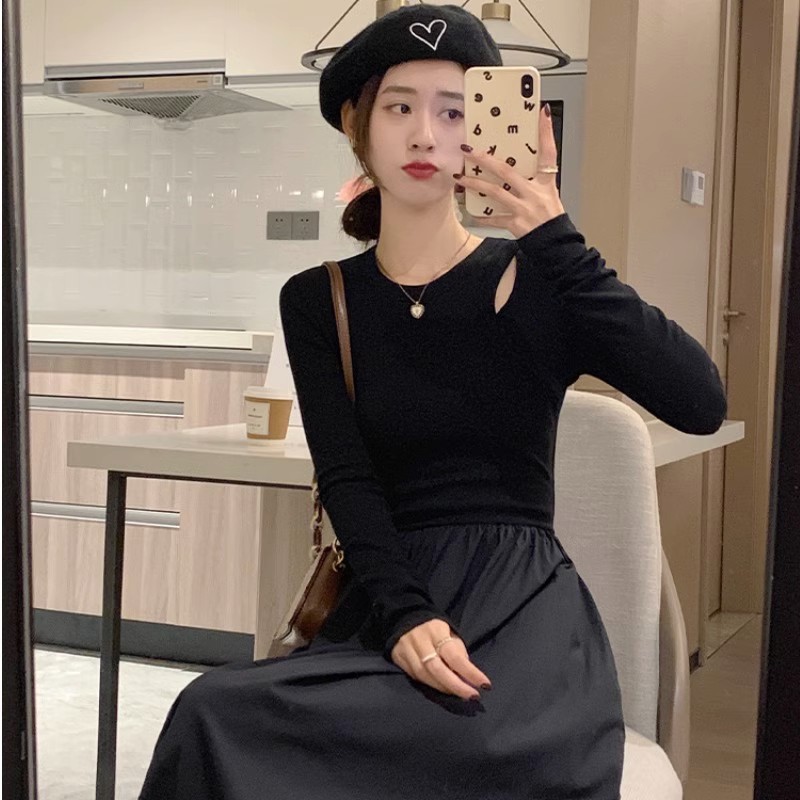 Black hollow new style long-sleeved dress with large skirt for women, autumn and winter design, niche temperament, slim slimming long skirt