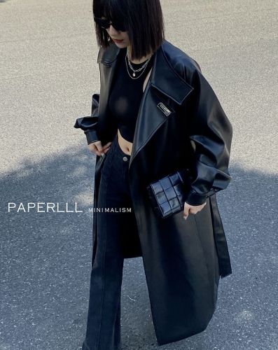 Black leather coat for women 2023 spring and autumn Korean fashion new coat long long sleeve windbreaker jacket trendy