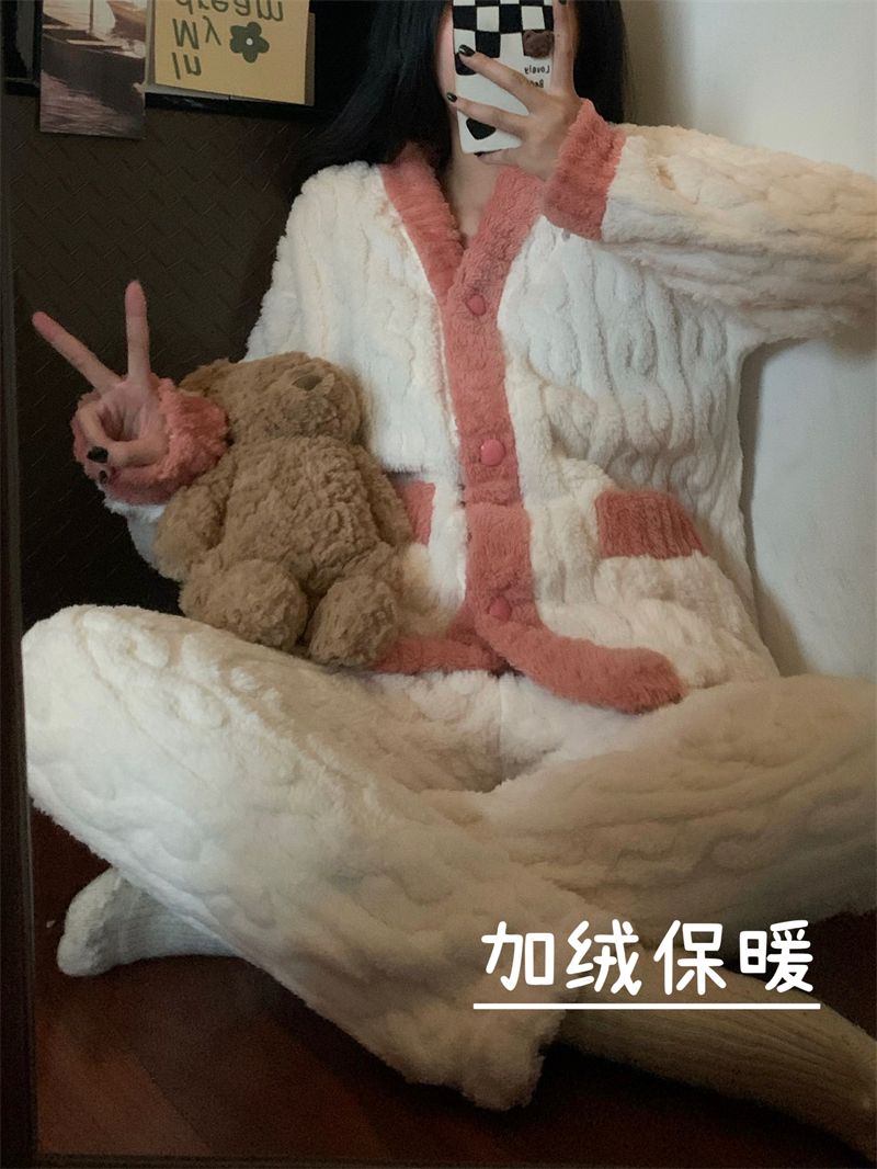 實拍秋冬加絨加厚保暖家居服撞色V領珊瑚絨寬鬆舒適睡衣套裝