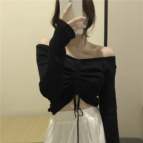 Chic internet celebrity clavicle top one-line off-shoulder V-neck slim design long-sleeved drawstring scheming niche T-shirt women's autumn