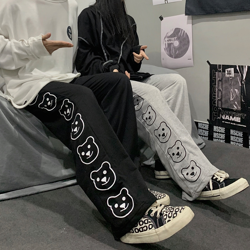 實拍~大碼M~4XL春秋新款韓版原宿風印花闊腿寬鬆直筒休閒長褲