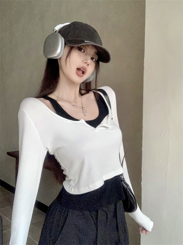 實拍 秋冬新款設計感拼接撞色短款T恤內搭打底衫假兩件