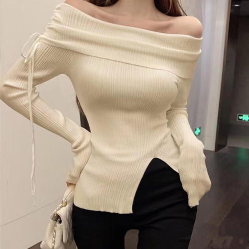 One-line collar, off-shoulder, tight-fitting long-sleeved bottoming shirt for women, autumn and winter design, slit inside, sexy strappy knitted top