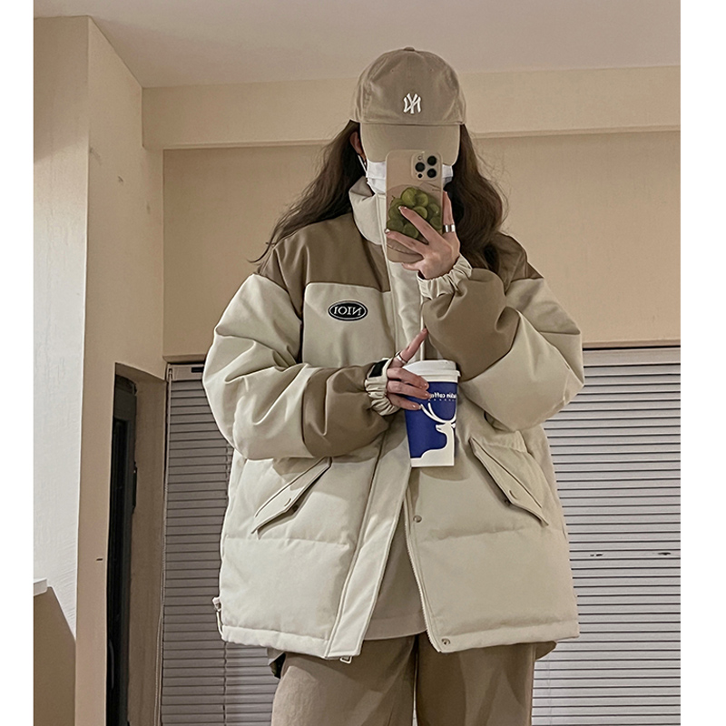 PU皮面短款羽絨棉服女2023年新款小個子情侶加厚麵包服外套