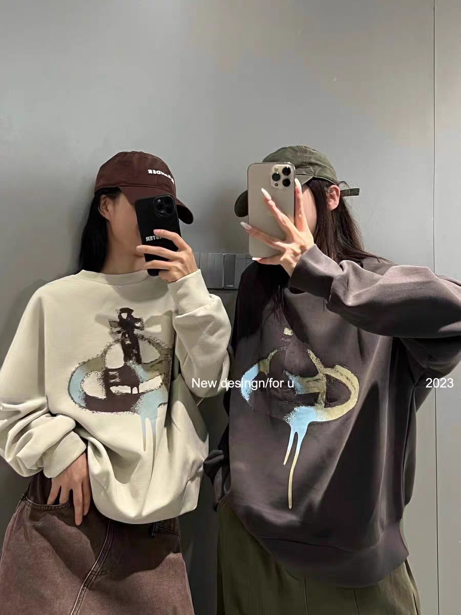 Autumn new European retro high-end cartoon print lazy style loose round neck pullover sweatshirt for women ins trend