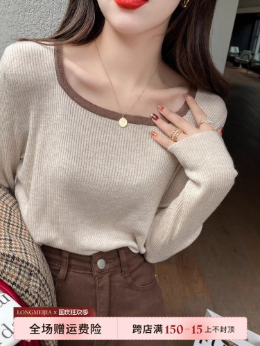 Knitted sweater for women spring and autumn  early autumn top square collar French long-sleeved bottoming shirt with white loose sweater underneath