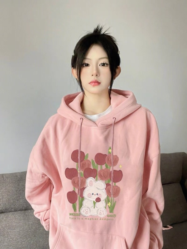 粉色連帽衛衣外套女2023新款春秋美式復古小眾設計感寬鬆薄款上衣