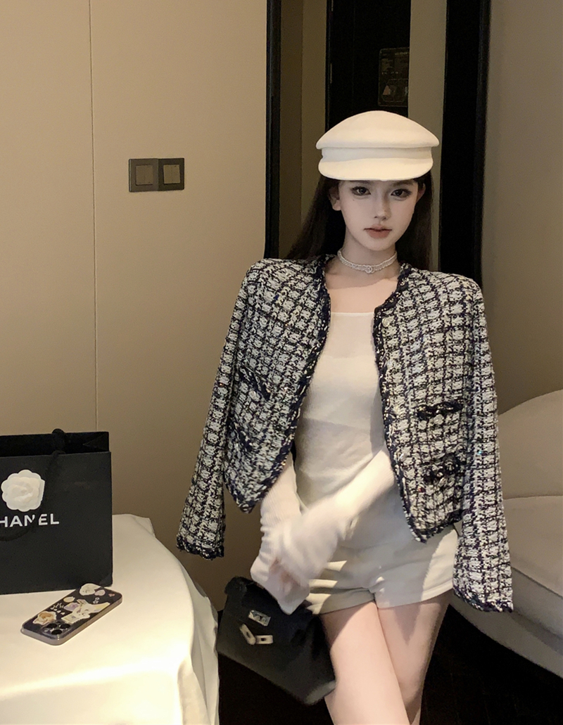 實拍秋裝復古黑加侖小香風外套新款長袖編織上衣女
