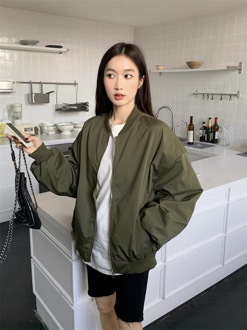 韓國chic秋潮百搭薄款復古立領休閒女裝寬鬆棒球服工裝夾克衫外套