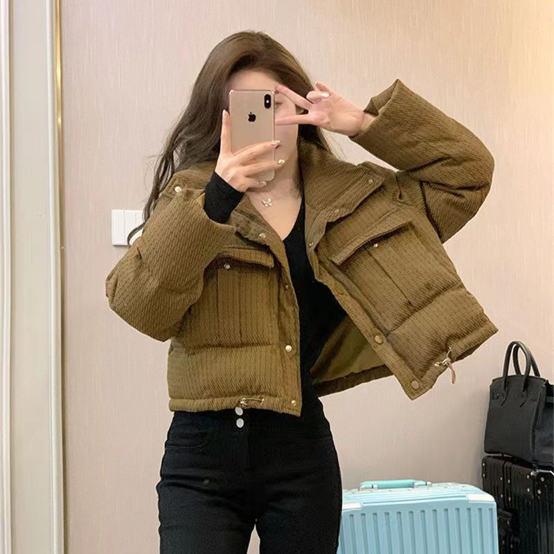 Brown coffee short down jacket for women 2023 winter Korean version small stand-up collar thickened plaid bread jacket