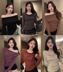 Photographed in Multiple Ways Long-Sleeve T-Shirt Autumn Design Sense Unique Slim Fit Short Length Irregular Base Top