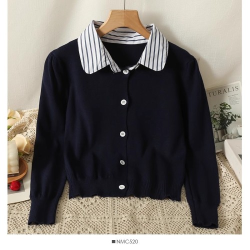 Contrast color fake two-piece Polo collar knitted cardigan for women autumn and winter  new college style long-sleeved short sweater top