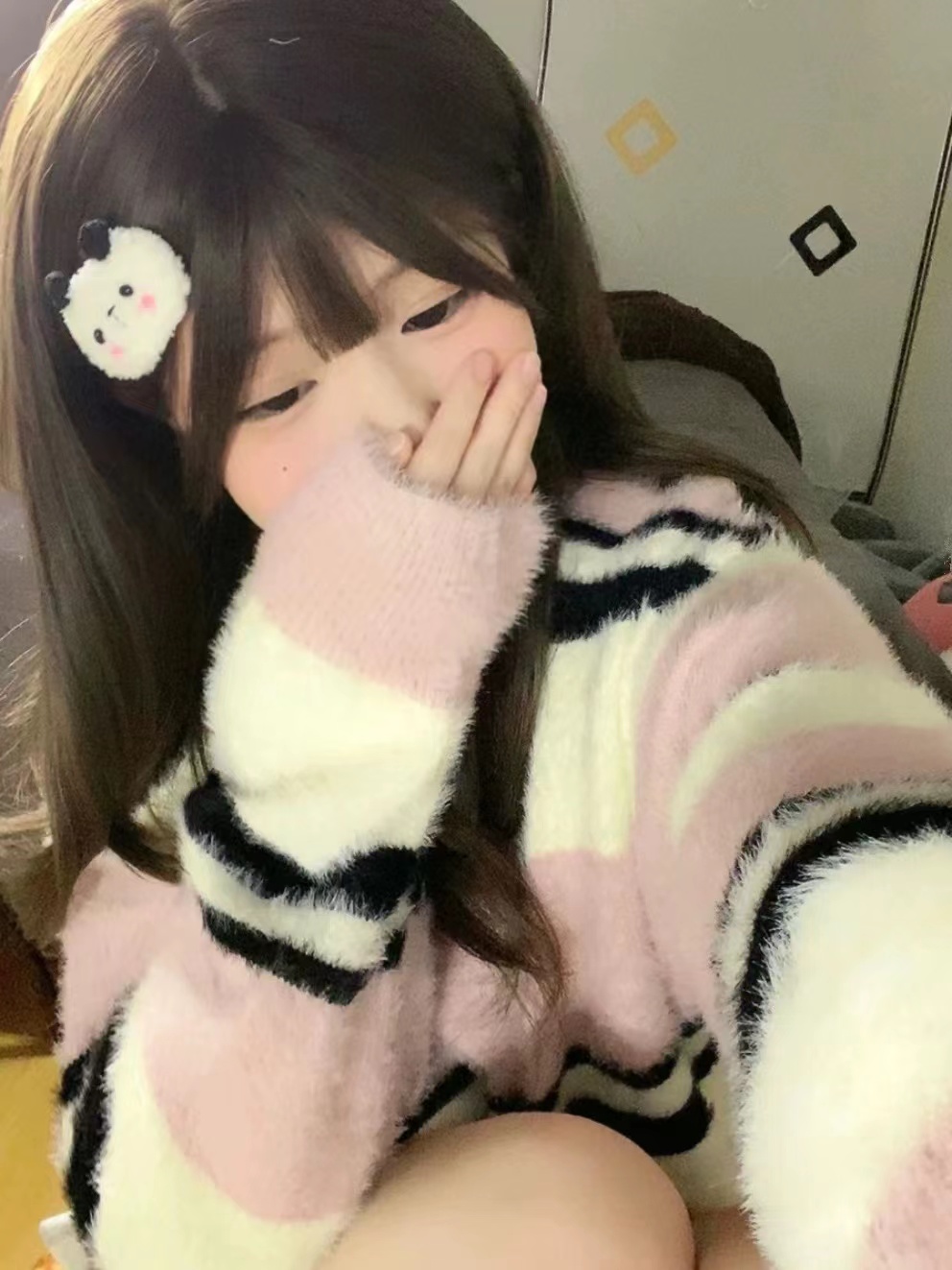 奶粉色慵懶風水貂絨套頭毛衣女秋冬寬鬆加厚中長款圓領條紋針織