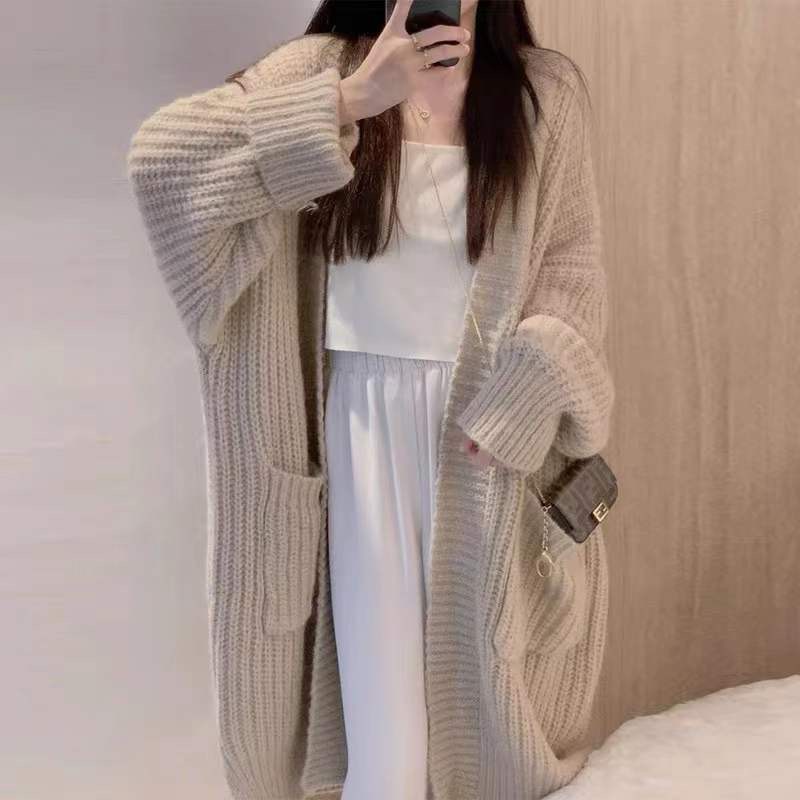 秋冬外穿寬鬆慵懶風韓系溫柔風毛衣女潮復古港風長款加厚針織開衫