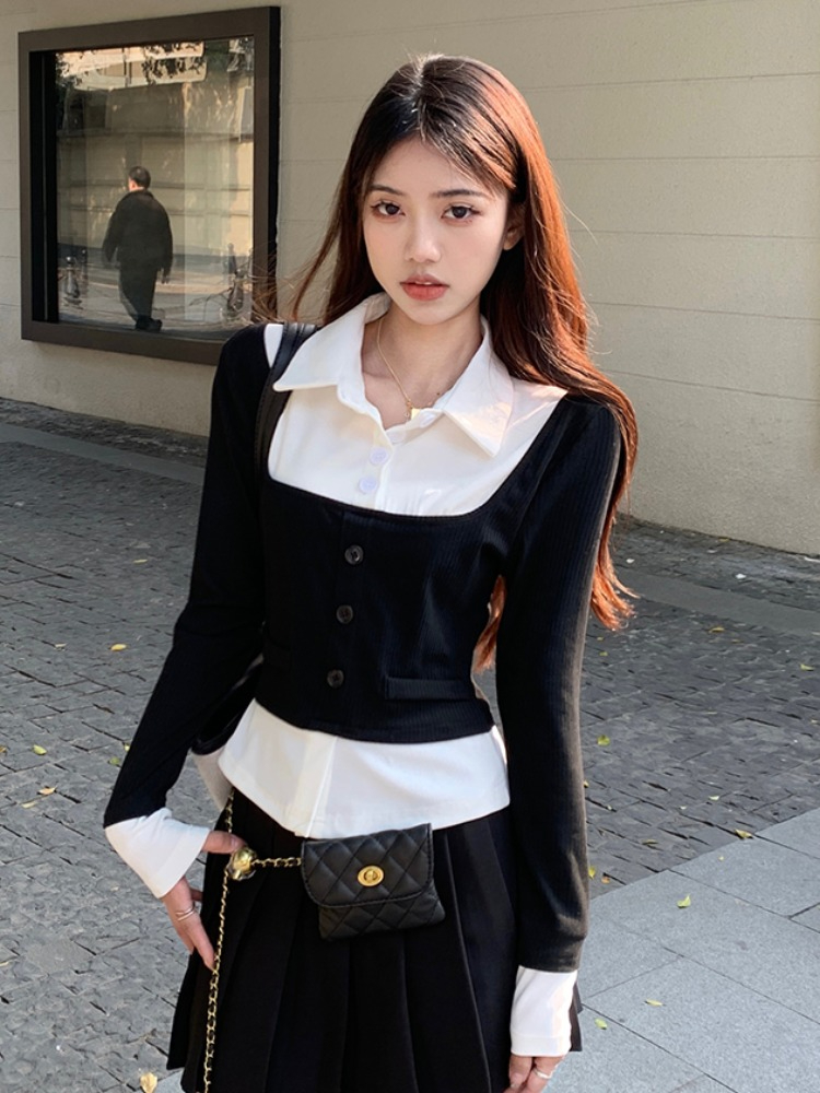 法式甜美撞色假兩件長袖襯衫女春秋季設計感小眾收腰短款減齡上衣