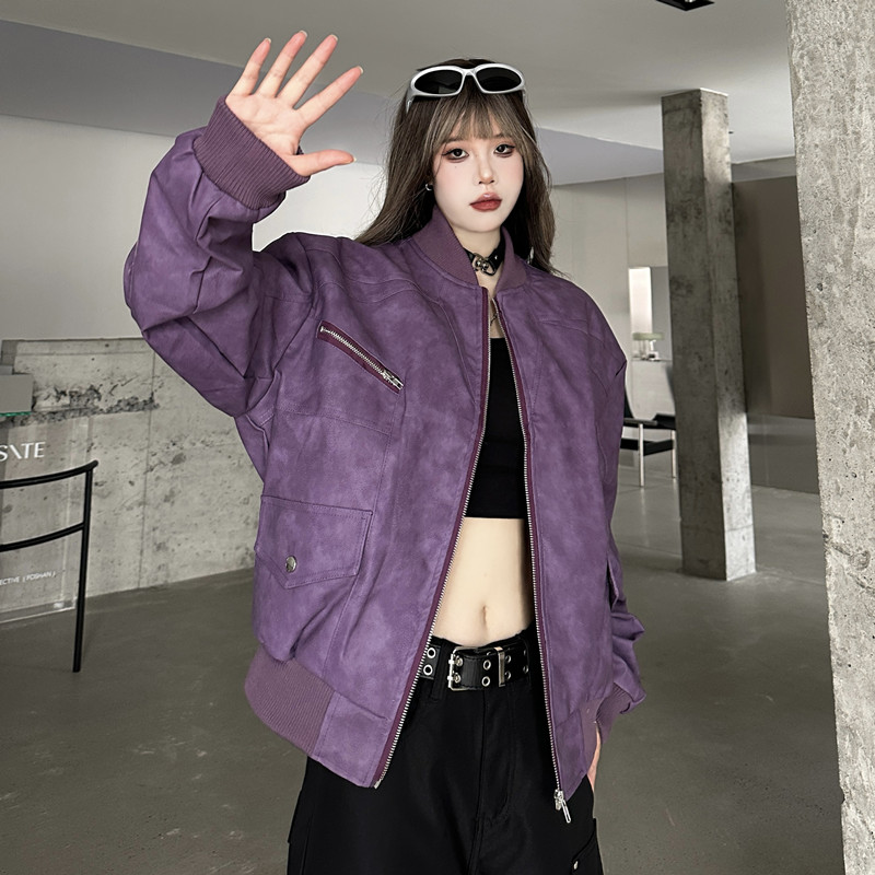 實拍#高街美式街頭復古外套女2023新款男女同款麂皮棒球服夾克潮
