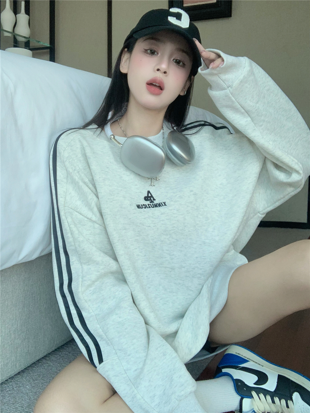 310克華棉復牛奶絲+後包領+刺繡字母長袖條紋衛衣女早秋