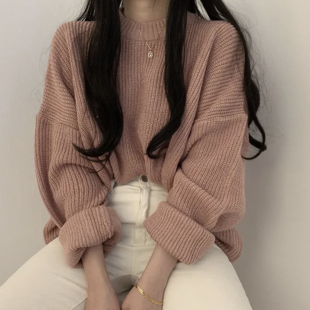 韓國chic秋冬慵懶寬鬆毛衣女純色圓領百搭套頭針織衫