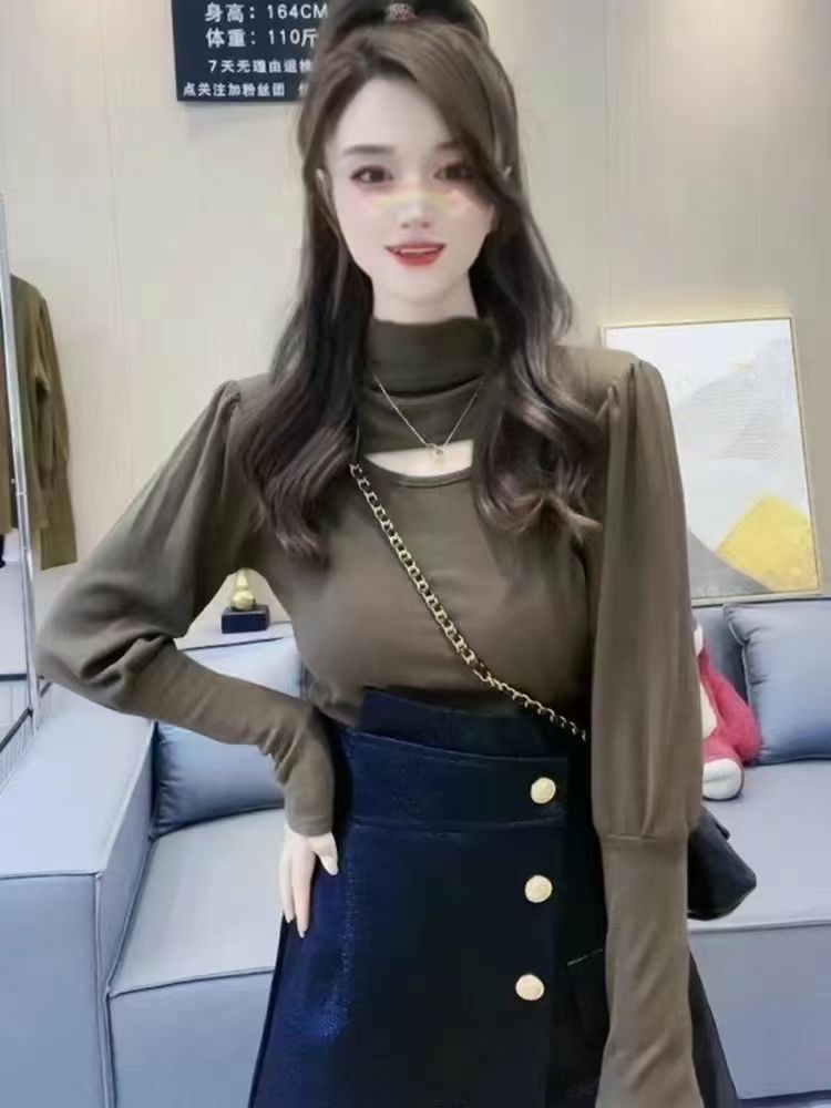 加絨半高領內搭打底衫女秋冬新款心機泡泡袖上衣顯瘦洋氣長袖T恤